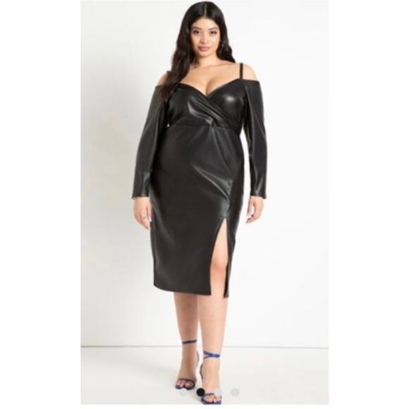 Eloquii faux leather off cold shoulder bodycon midi dress long sleeve midi 18 - Picture 1 of 12